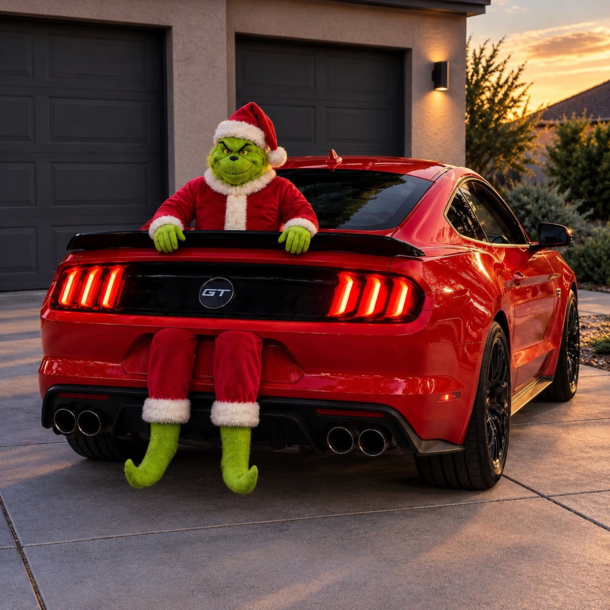 Grinch Trunkmas rider on a car trunk