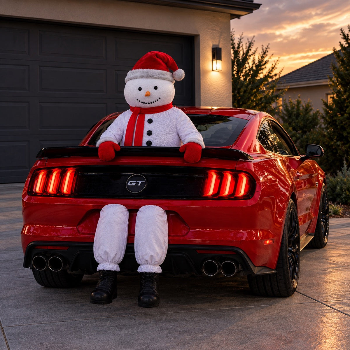 Frosty Trunkmas rider on a car trunk